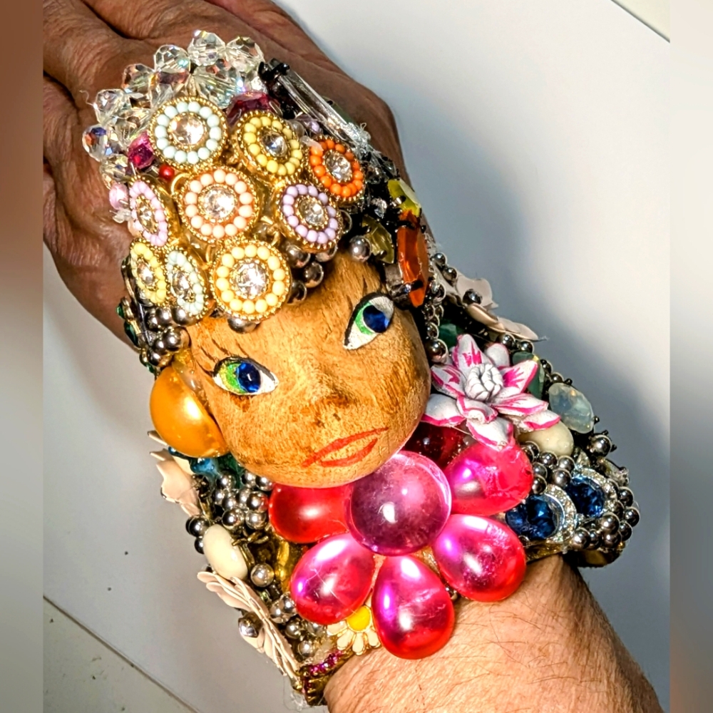 Wendy Gell one of a kind wooden carved Tinkerbell head pastel garden cuff.